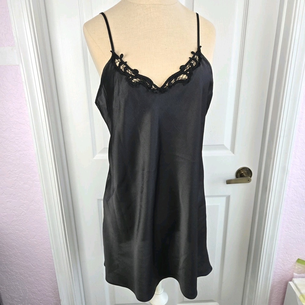 Val Mode Vtg Black Satin Slip Dress Size‎ 36 Chemise Nightgown Lingerie USA